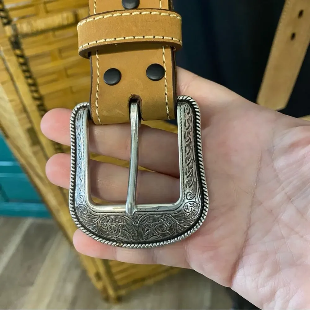 Red river outfitters tan leather belt with silver buckle western wear size 48